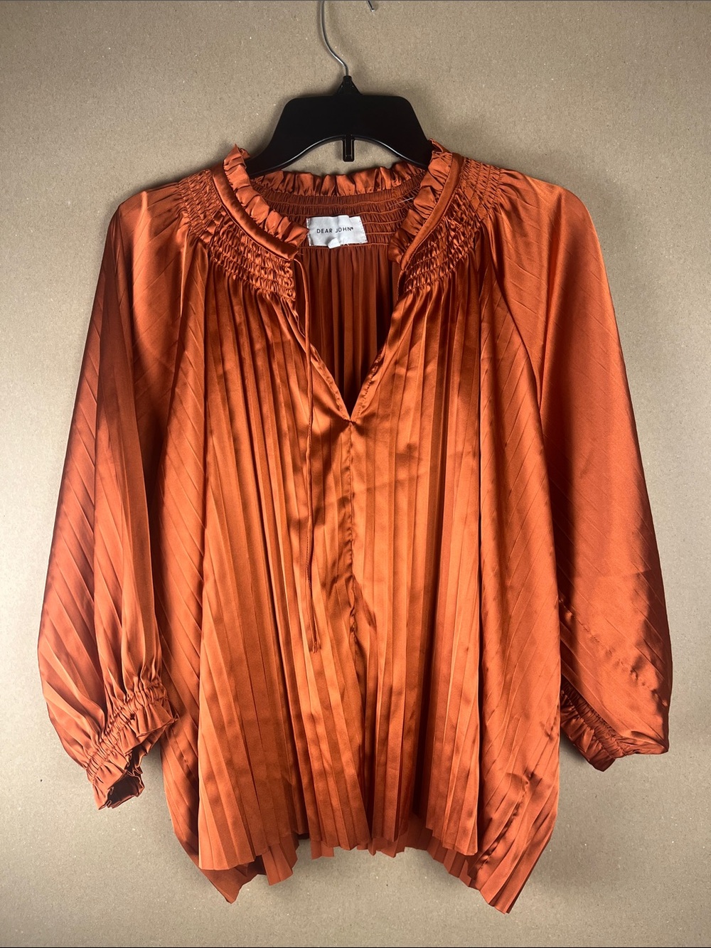 Dear John Pleated Smocked Blouse Rust Burnt Orange M Boho Chic Resort Wear